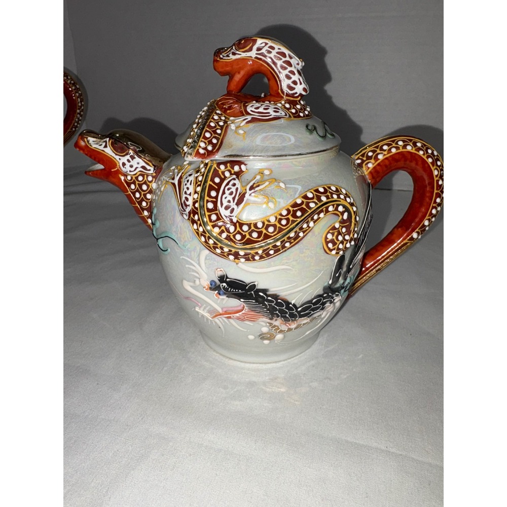 Japanese Moriage Dragon Teapot Iridescent Lusterware Hand Painted Art Vintage